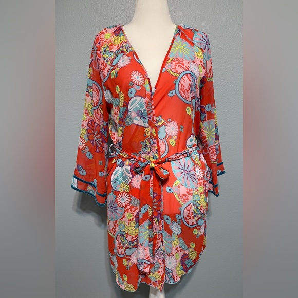 Natori Other - Josie Natori Floral Wrap Robe Womens Kimono Belted Lounge Boho Resort Small